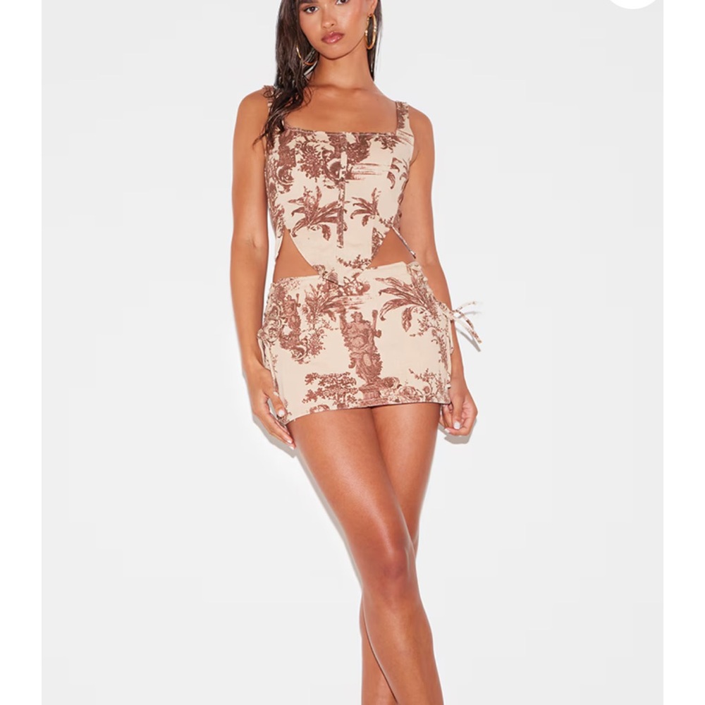 RENAISSANCE INSPIRED PRINT DIP FRONT DENIM CORSET SET - size M or UK 12